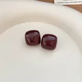 Minimalist glossy square enamel stud earrings in deep burgundy with silver needles - Dark Red