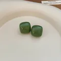 Minimalist green drip oil square stud earrings with 925 silver needles for women - Green