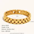 Hip-hop style watch band bracelet made of 18K gold plated stainless steel metal - President Link Style (B138) / 10.1mm x 16.5cm / Gold