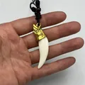 Punk style resin shark tooth pendant necklace with black adjustable cord and wooden beads. - Imitation Gold