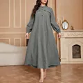 Elegant grey plus size autumn maxi dress featuring a stand collar and lantern sleeves - 0XL / Top And Bottom / Gray