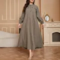 Plus size autumn maxi dress with stand collar and lantern sleeves in textured brown - 3XL / Top And Bottom / Coffee Brown