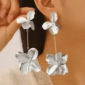 Oversized silver textured floral dangle earrings in a retro leaf design for women - Silver Shiny Large Earrings (DZ-156)