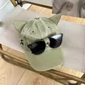 Green washed baseball cap with cat ears and integrated sunglasses streetwear style pilot hat - Adult M (56-58cm) / Cat Ear Style - Green (001耳朵--绿色)