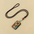 Ethnic style Nepal Thangka ebony wood pendant with Ganesha design and braided cord - Ganesha Colorful Nepal Rope Style