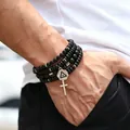Men's black matte tiger eye and hematite beaded bracelet set with silver cross charm - All-Seeing Eye and Cross Beaded Style (ZJ17108)