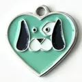 Heart-shaped teal metal pet ID tag featuring a cute cartoon dog face enamel design - 30mm / Cyan