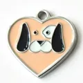 Heart-shaped metal pet ID tag with cute cartoon dog face design in peach enamel. - 30mm / Pink
