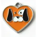 Heart-shaped metal pet ID tag with engravable orange cartoon dog face enamel finish - 30mm / Orange
