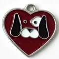 Heart-shaped metal dog ID tag featuring a cute cartoon puppy face and red enamel finish - 30mm / Burgundy