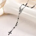 Vintage black beaded necklace with stainless steel cross pendant and icon medal - Virgin Mary Style / 3mm Ball / Black