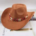 Cappello da cowboy western marrone classico con fascia di perline e gemme rosse moda - Stile con Decorazione di Perle Rosse / Giallo Bestiame
