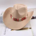 Cappello da cowboy occidentale beige con fascia decorativa con perle - Stile con Decorazione di Perle Rosse / Beige chiaro