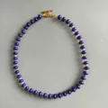Close-up of blue and yellow natural stone abacus bead necklace with T-bar clasp - Abacus Bead Necklace / 43cm / Blue and Yellow
