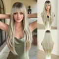 Premium long straight ash blonde wig with bangs for a stylish and elegant appearance - Flaxen Gray Super Long Layered (Natural) 81cm