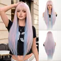Fashionable long straight pink and blue layered wig with bangs for a stylish look - Highlight Pink Blue Super Long Layered (Party) 81cm