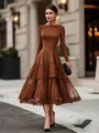 Elegant brown long-sleeved midi dress featuring a mesh tiered skirt in Hepburn style. - S / Dresses / Dark Brown