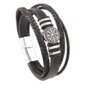 Handcrafted men's punk multi-layer woven leather bracelet featuring a silver Viking compass charm - Brown