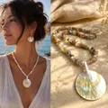 Bohemian natural stone necklace with shell pendant for summer beach resort style - One Size / Irregular Stone Round Shell (38+5cm)