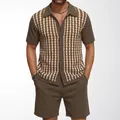 Vintage men's knit two-piece set with striped jacquard cardigan and matching shorts - M / Top And Bottom / Brown