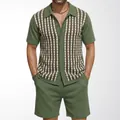 Men's green knitted 2-piece set with contrast stripes and button-down cardigan. - M / Top And Bottom / Green