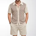 Men's casual 2-piece set featuring a striped jacquard knit cardigan and beige shorts - M / Top And Bottom / Apricot