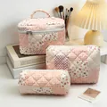 Cozy pink floral patchwork quilted cotton cosmetic and toiletry bag set for travel - Puzzle Floral Patchwork