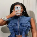 Sexy slim fit washed blue sleeveless denim vest with front zipper and flap pockets - S / Top And Bottom / Dark Washed Blue