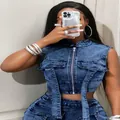 Sexy sleeveless denim crop top set with zipper and pocket details for women - S / Top And Bottom / Functional Deep Blue