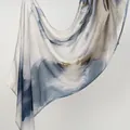 Elegant rayon headscarf featuring a blue and gold abstract watercolor pattern and soft drape - 180cm x 70cm / Blue-Gold Artistic Ink (YW477-1#)