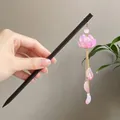 Elegant sandalwood hair stick featuring a pink lotus flower tassel and golden chains. - Pink Gradient Lotus Gold Tassel Step-Shake Style (4962)