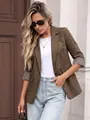 Elegant brown blazer with striped cuffs and three-quarter sleeves in an outdoor setting - S / Tops / Dark Brown