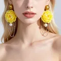 Vintage statement earrings featuring large yellow rose flower design and pearl tassels - Yellow Peony Tassel Earrings (2608234)
