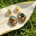 Vintage retro multi-color stone mosaic dangle earrings with golden finish on a leaf - Irregular Colorful Mother of Pearl Earrings (2608263)