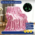 Couverture en flanelle rose phosphorescente avec motifs lune et étoile pour la maison - Soleil, lune et étoiles roses / 70*100CM
