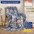 Couverture en flanelle phosphorescente avec motifs de rugby, football et baseball bleus - Rugby Football Baseball / 70*100CM