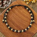 Pulsera de cuentas ajustable hecha a mano con cuentas de vidrio negro y toques dorados - Estilo de Cuentas Negro Dorado (ZJ15672)