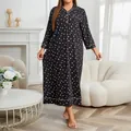 Plus size black long-sleeve nightgown with white heart pattern in cozy living room - 1XL / Tops / Black