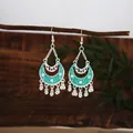 Bohemian ethnic silver hollow earrings with turquoise enamel and hanging bell tassels - Hollow Teardrop Bell Style (E5061)
