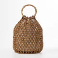Sac seau fait main en perles de bois marron avec une poignée ronde en bambou naturel - Brun Jaune Gingembre