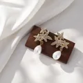 Boucles d'oreilles étoile de mer dorées avec strass et perles gouttes blanches. - Boucle d'Oreille Pendante à Pampilles Perles Étoile de Mer Océan (E4965) / Or