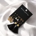 Ensemble de 6 paires de boucles d'oreilles bohèmes avec glands noirs et feuilles d'or - Lot de 6 paires de boucles d'oreilles de style bohème (K100-1) / Lot de 6 paires / Or Noir