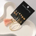 Élégant ensemble de boucles d'oreilles avec pompons roses, perles et clous dorés - Lot de 6 paires de boucles d'oreilles cœur à pampilles longues (K100-11) / Lot de 6 paires / Or Rose