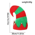 Gorro de elfo navideño a rayas rojas y verdes con cascabeles y dimensiones del producto - Patchwork