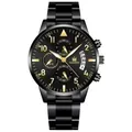Men's business quartz watch with black steel strap and gold-tone markers - Black Band Black Case Black Dial Gold Hands