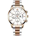 Elegant SHAARMS men's business quartz watch with two-tone steel band and white dial - Two-Tone Rose Gold Silver Band White Dial Rose Gold Hands