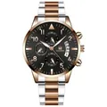 Professional SHAARMS men's business quartz watch with two-tone steel band and date display - Two-tone Silver Rose Gold Black Dial Rose Gold Hands