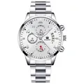 Men's stylish silver stainless steel quartz watch with white dial and calendar feature - Silver Band Silver Case White Face Silver Hands