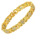 Elegant vergulde magnetische armband met bloemschakels en fonkelende strass - Geluksklaver / Goud