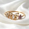 Eleganter verstellbarer Ring Gold Schmetterling Blume mit lila und klaren Zirkonen - Einstellbar Offen / Hohler Schmetterling und Doppelte Blume Stil (JZ078) / Gold